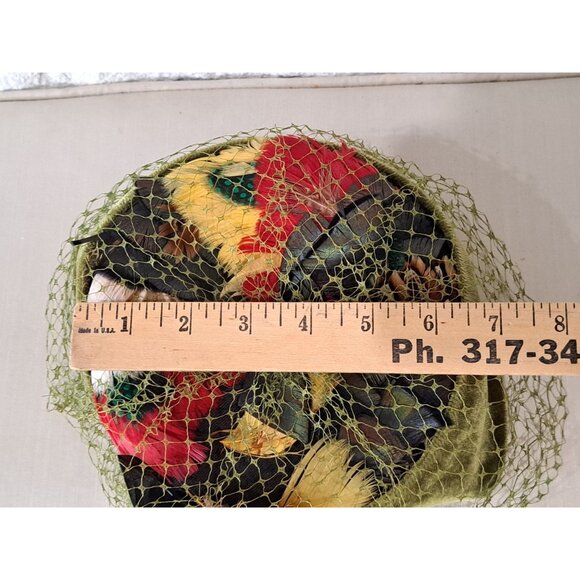 Vintage Pillbox Hat Green Pheasant Feather Multicolor Netting Retro Womens OS - Picture 10 of 11